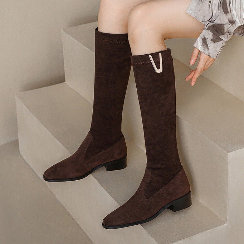 Women Knee High Boots Standard Fit Low Block Heel - Evergreen Outfits - Women Boots