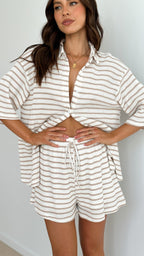 Women Knit Set Striped Button Shirt Drawstring Lounge - Evergreen Outfits - Women Set