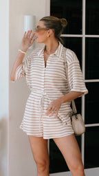 Women Knit Set Striped Button Shirt Drawstring Lounge - Evergreen Outfits - Women Set