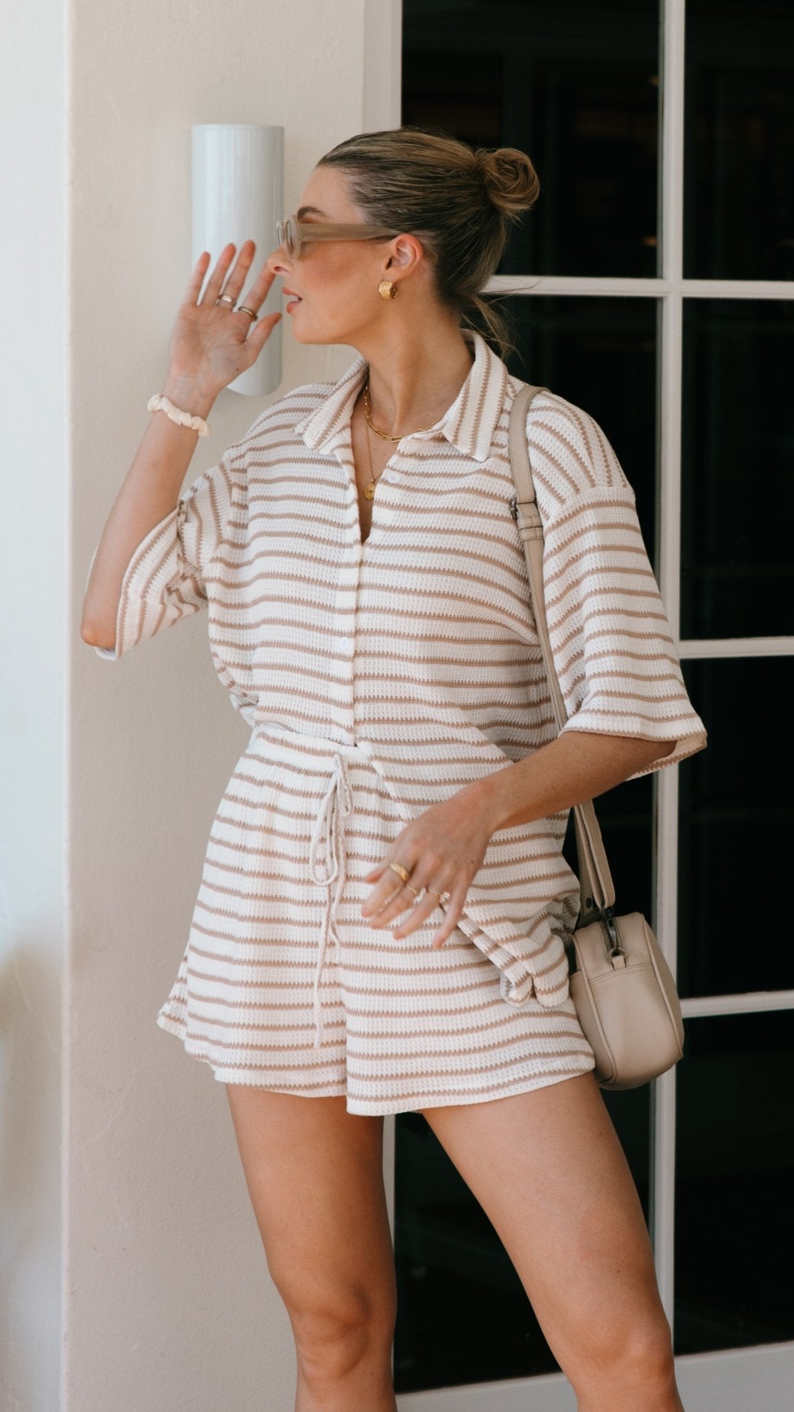 Women Knit Set Striped Button Shirt Drawstring Lounge - Evergreen Outfits - Women Set