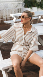 Women Knit Set Striped Button Shirt Drawstring Lounge - Evergreen Outfits - Women Set