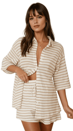Women Knit Set Striped Button Shirt Drawstring Lounge - Evergreen Outfits - Women Set