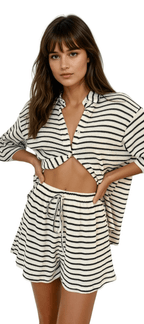 Women Knit Set Striped Button Shirt Drawstring Shorts - Evergreen Outfits - Women Set