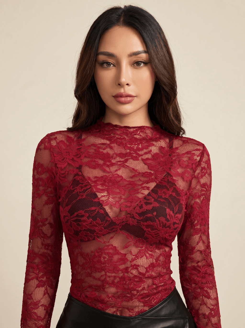 Women Lace Top Long Sleeve Sheer Floral Cropped Fit - Evergreen Outfits - Women Top