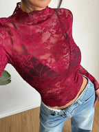 Women Lace Top Long Sleeve Sheer Floral Cropped Fit - Evergreen Outfits - Women Top