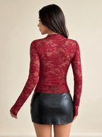 Women Lace Top Long Sleeve Sheer Floral Cropped Fit - Evergreen Outfits - Women Top