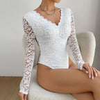 Women Lace Top | Long Sleeve Sweetheart Neckline Fitted Cut - Evergreen Outfits- top