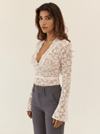Women Lace Top Long Sleeve V Neck Fitted Floral Design - Evergreen Outfits - Women Top