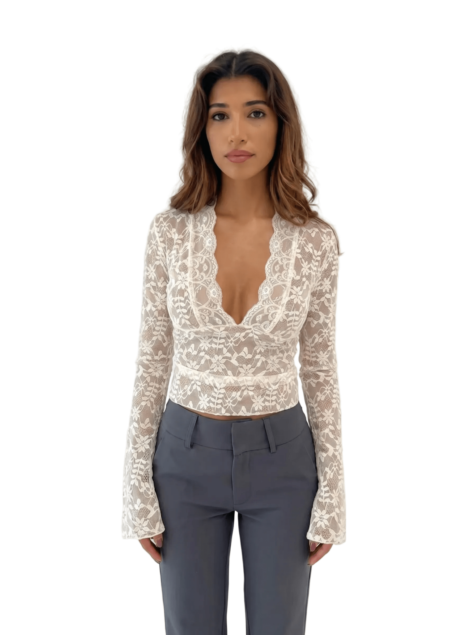Women Lace Top Long Sleeve V Neck Fitted Floral Design - Evergreen Outfits - Women Top