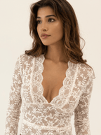 Women Lace Top Long Sleeve V Neck Fitted Floral Design - Evergreen Outfits - Women Top