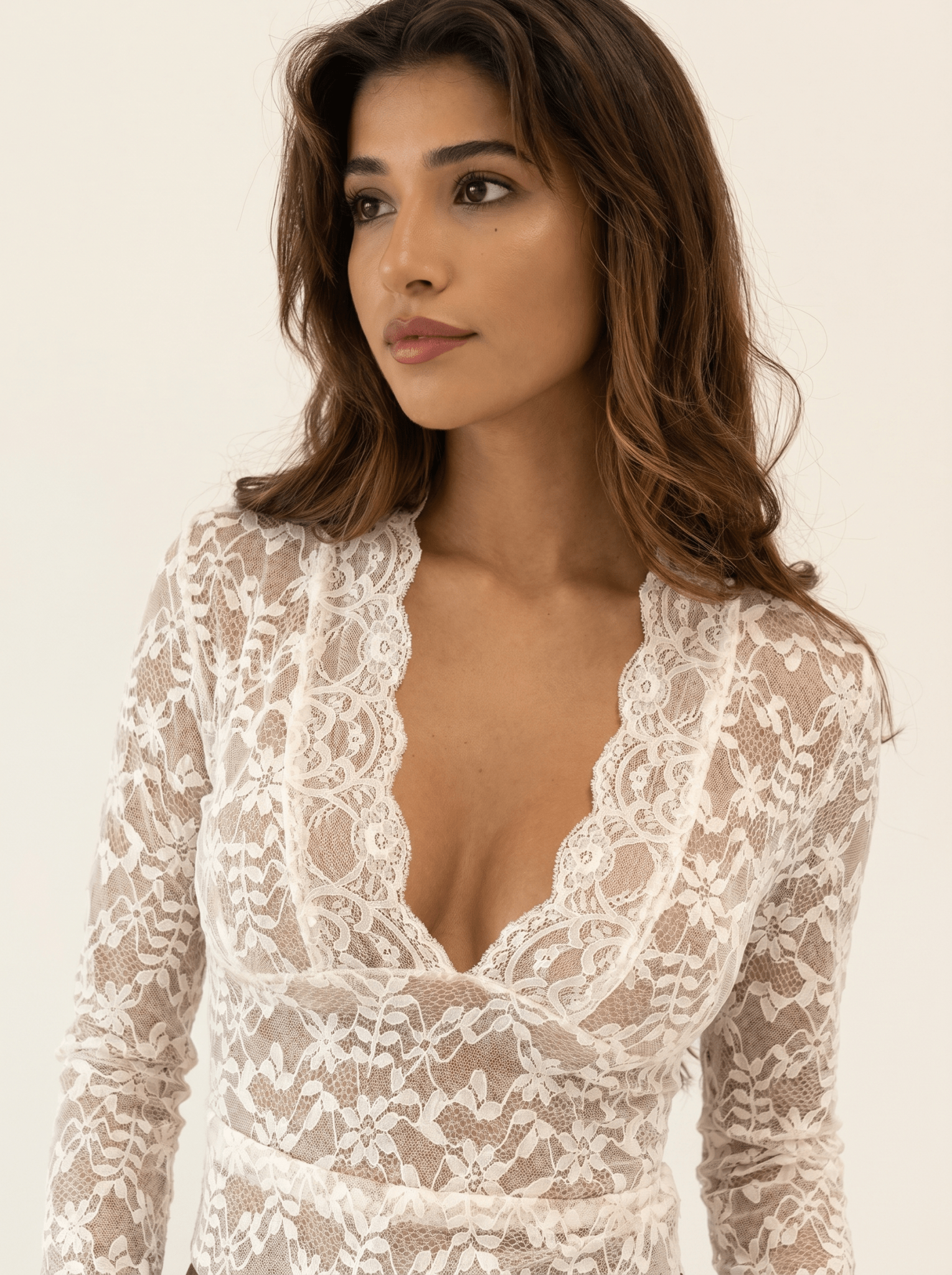 Women Lace Top Long Sleeve V Neck Fitted Floral Design - Evergreen Outfits - Women Top