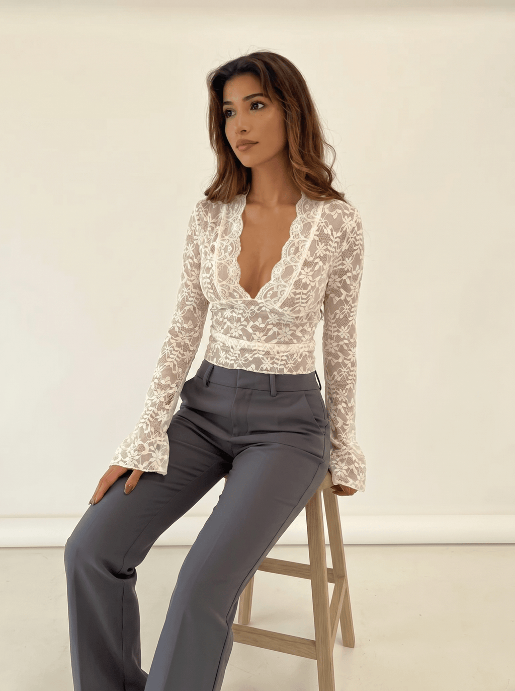 Women Lace Top Long Sleeve V Neck Fitted Floral Design - Evergreen Outfits - Women Top