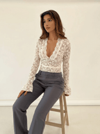 Women Lace Top Long Sleeve V Neck Fitted Floral Design - Evergreen Outfits - Women Top
