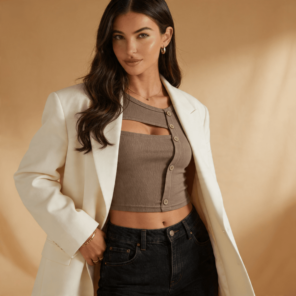 Women Long Sleeve Top Asymmetrical Cut Button Closure - Evergreen Outfits - Women Top
