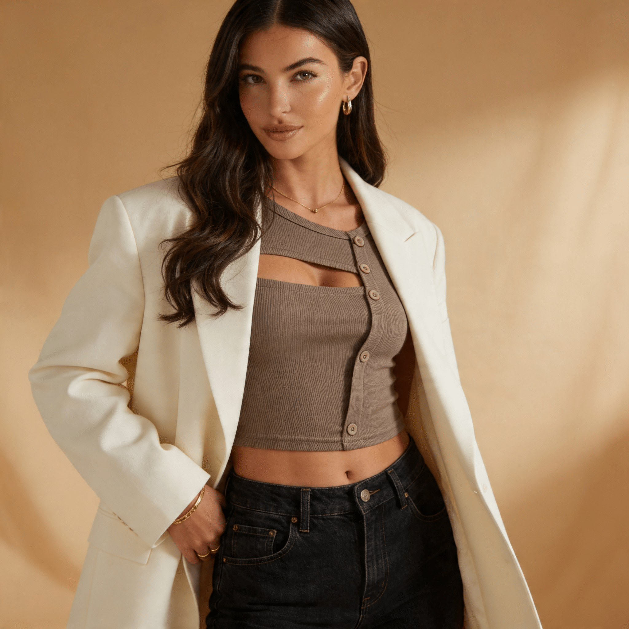 Women Long Sleeve Top Asymmetrical Cut Button Closure - Evergreen Outfits - Women Top