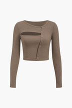 Women Long Sleeve Top Asymmetrical Cut Button Closure - Evergreen Outfits - Women Top