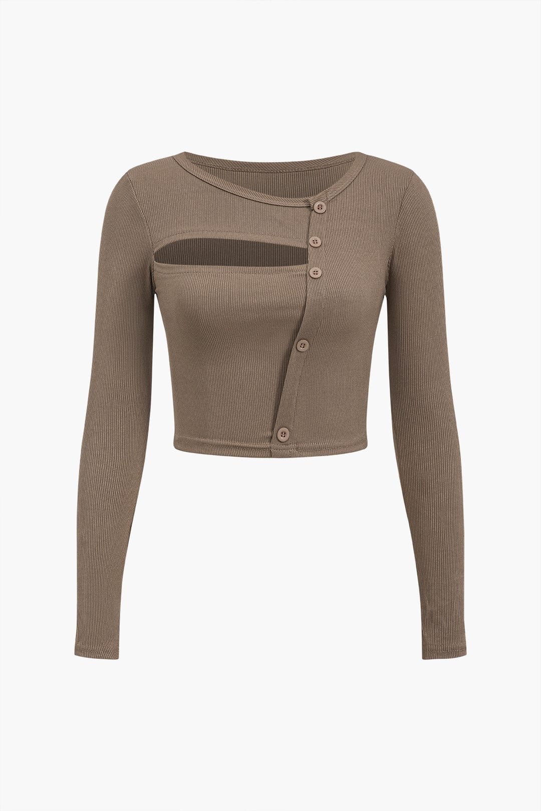 Women Long Sleeve Top Asymmetrical Cut Button Closure - Evergreen Outfits - Women Top