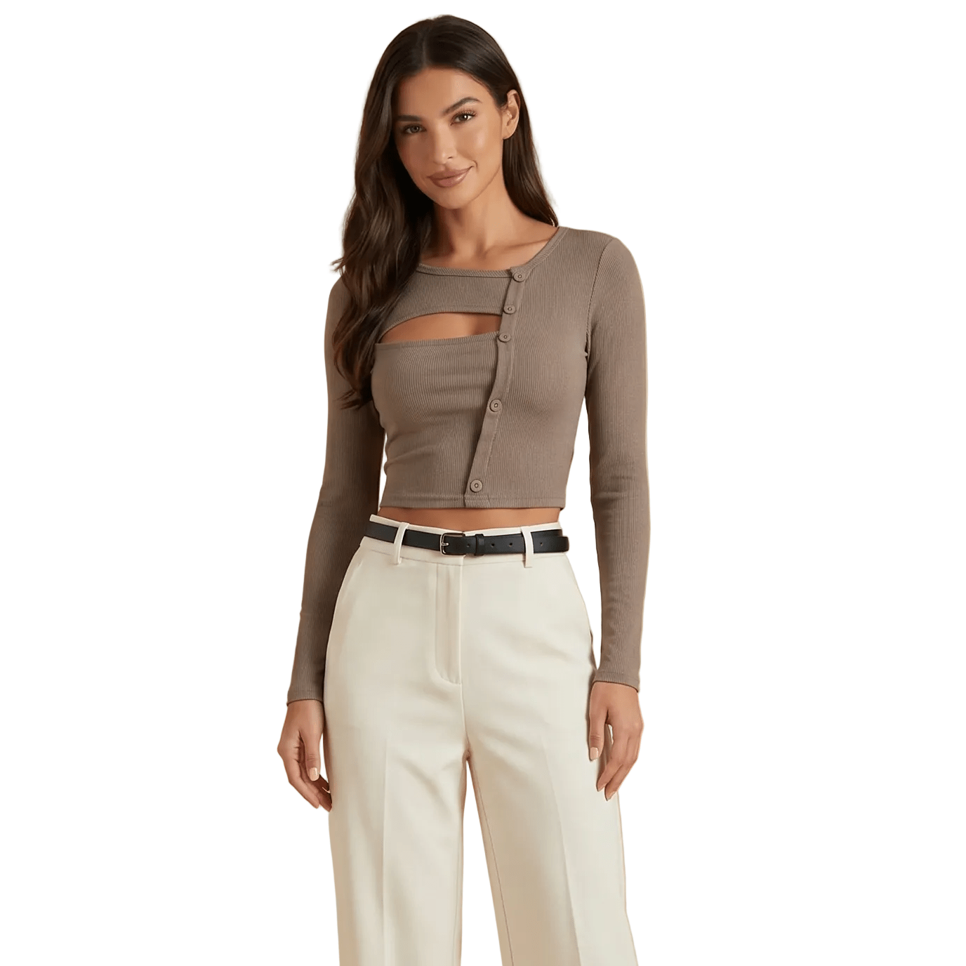 Women Long Sleeve Top Asymmetrical Cut Button Closure - Evergreen Outfits - Women Top