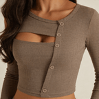 Women Long Sleeve Top Asymmetrical Cut Button Closure - Evergreen Outfits - Women Top