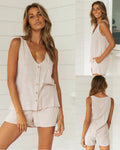 Women Lounge Set Sleeveless Relaxed Fit Linen Blend Top - Evergreen Outfits - Women Set