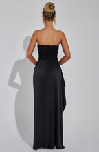 Women Maxi Dress Beaded Corset Cowl Neck Split Draped - Evergreen Outfits - Women Maxi Dress