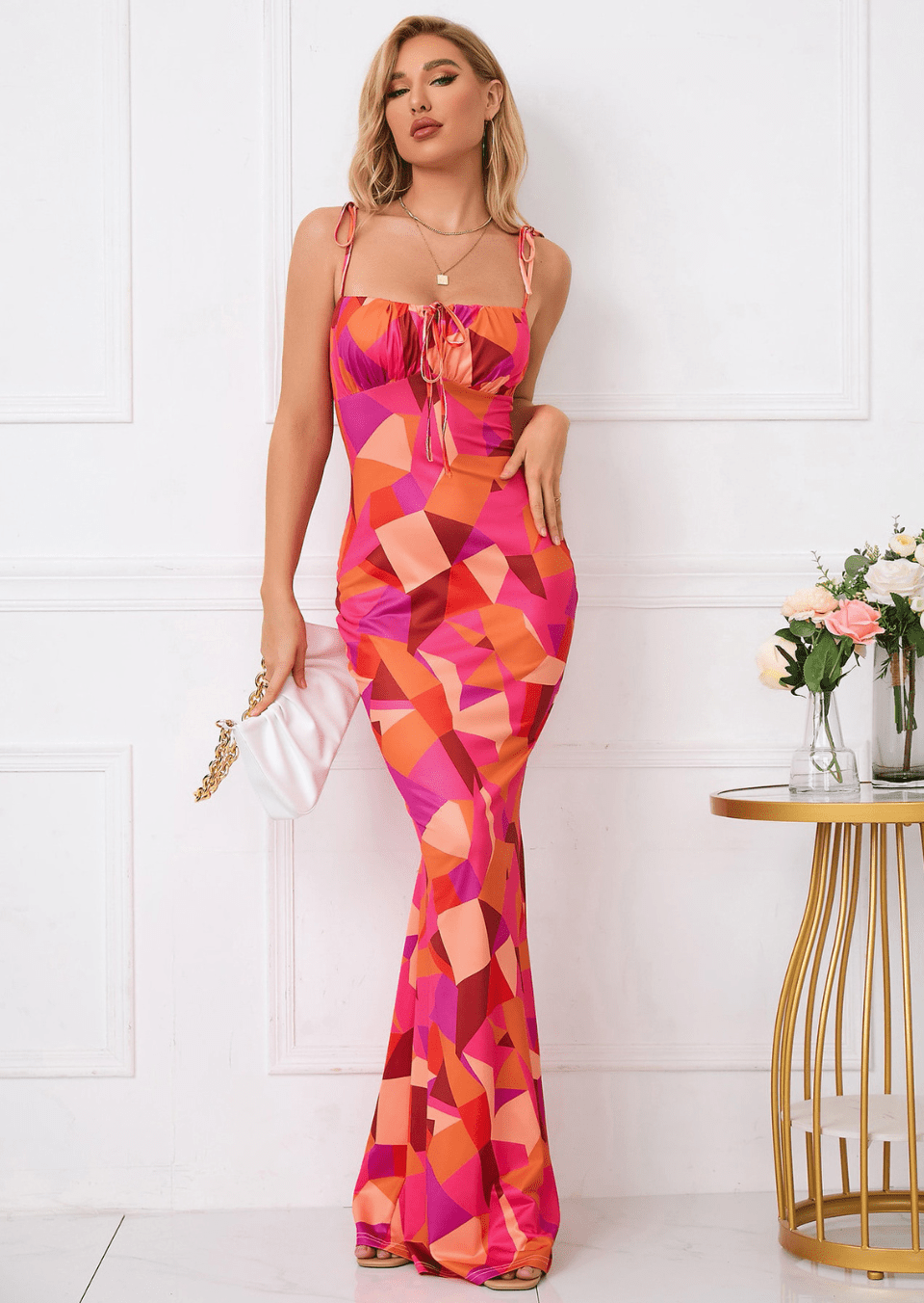 Women Maxi Dress Floral Print Bow Strap Cutout Design - Evergreen Outfits - Women Maxi Dress