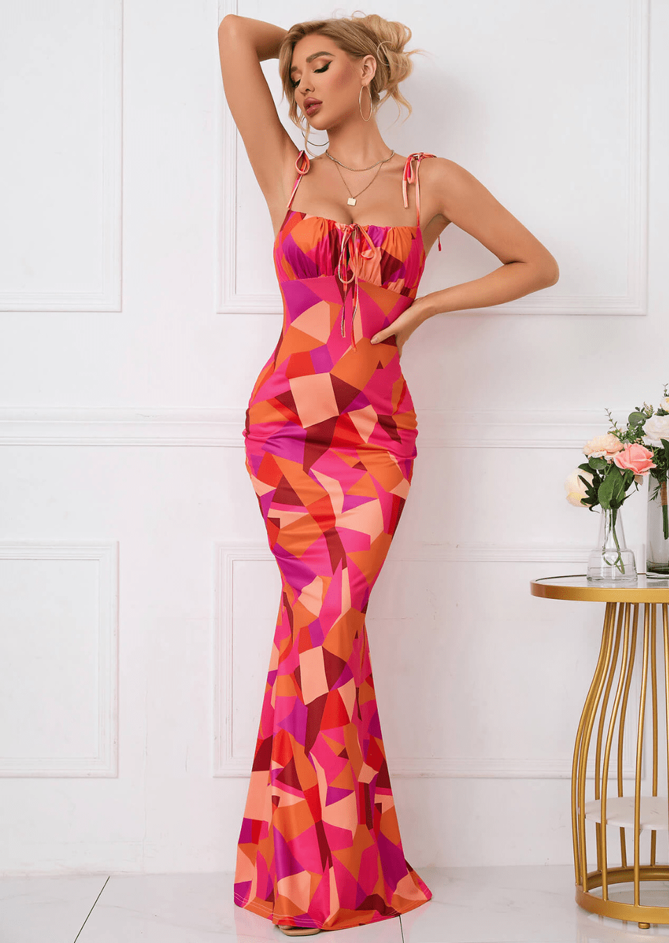 Women Maxi Dress Floral Print Bow Strap Cutout Design - Evergreen Outfits - Women Maxi Dress