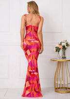 Women Maxi Dress Floral Print Bow Strap Cutout Design - Evergreen Outfits - Women Maxi Dress