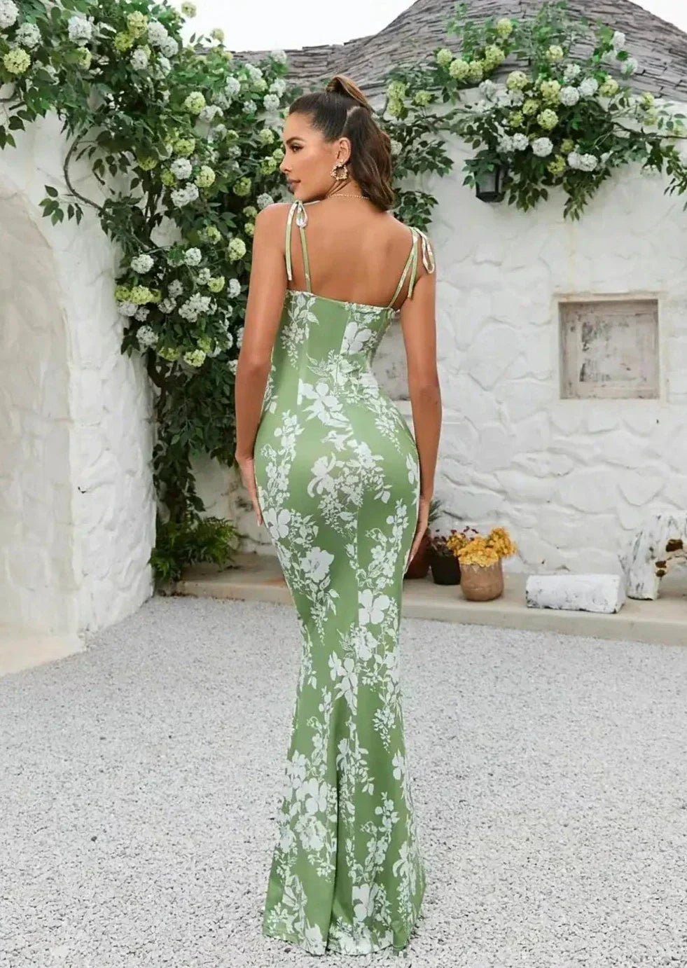 Women Maxi Dress Floral Print Bow Strap Cutout Design - Evergreen Outfits - Women Maxi Dress