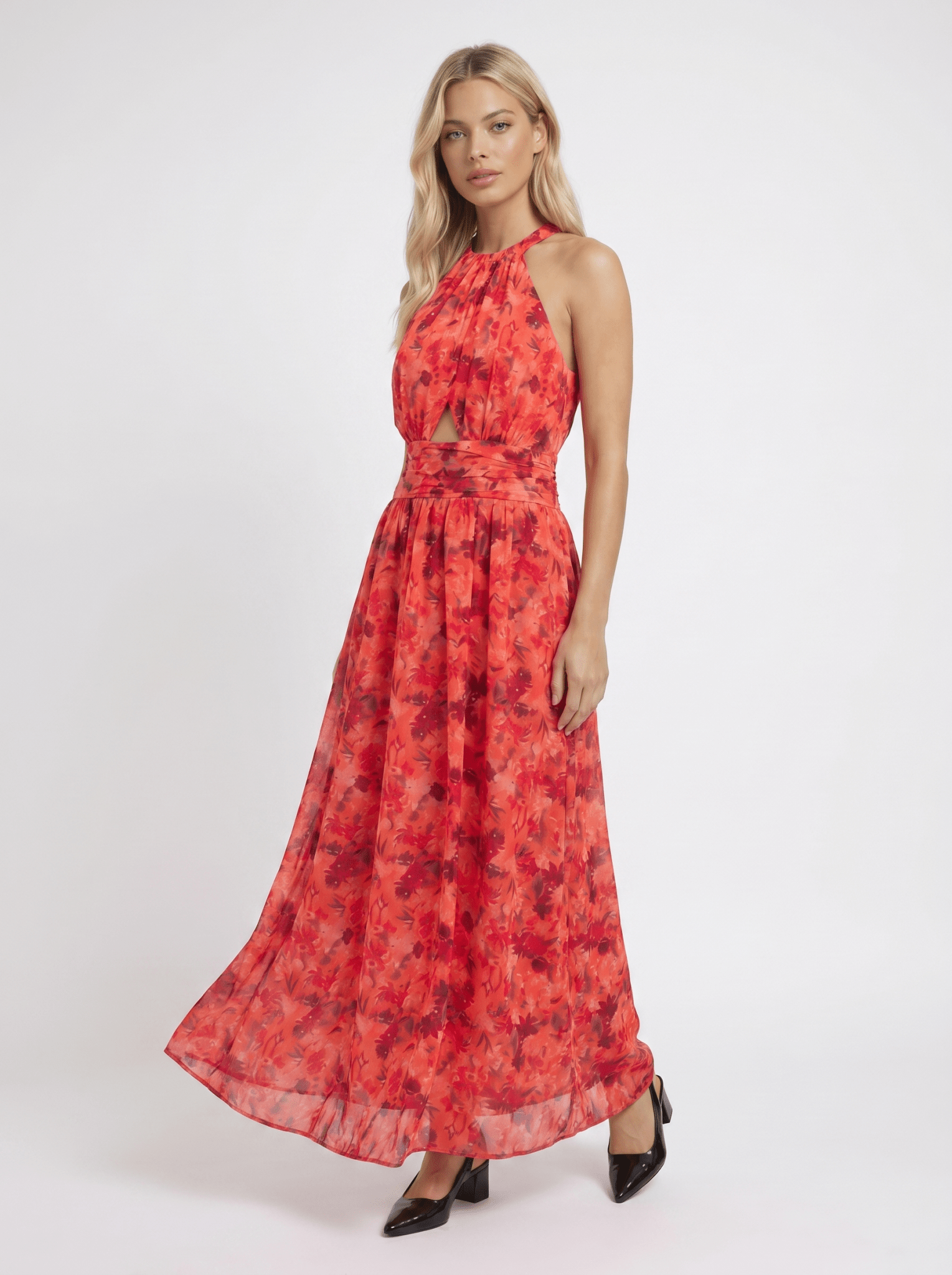 Women Maxi Dress Floral Print Halter Sleeveless Cutout - Evergreen Outfits - Women Maxi Dress