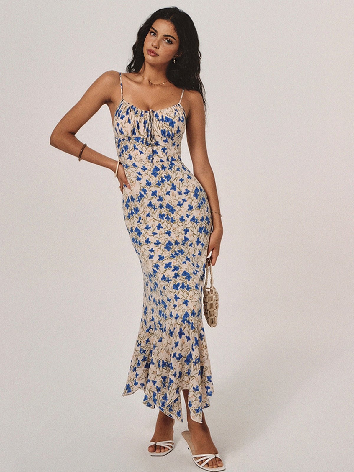 Women Maxi Dress Floral Print Ruched Spaghetti Strap - Evergreen Outfits - Women Maxi Dress