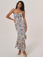 Women Maxi Dress Floral Print Ruched Spaghetti Strap - Evergreen Outfits - Women Maxi Dress