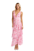 Women Maxi Dress Floral Print Tiered Ruffle Deep V - Neck - Evergreen Outfits - Women Maxi Dress