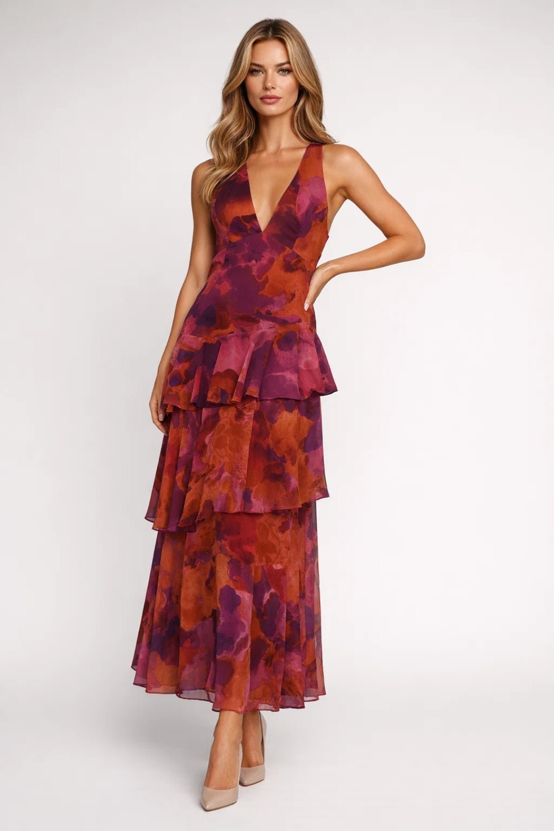 Women Maxi Dress Floral Print Tiered Ruffle Deep V - Neck - Evergreen Outfits - Women Maxi Dress