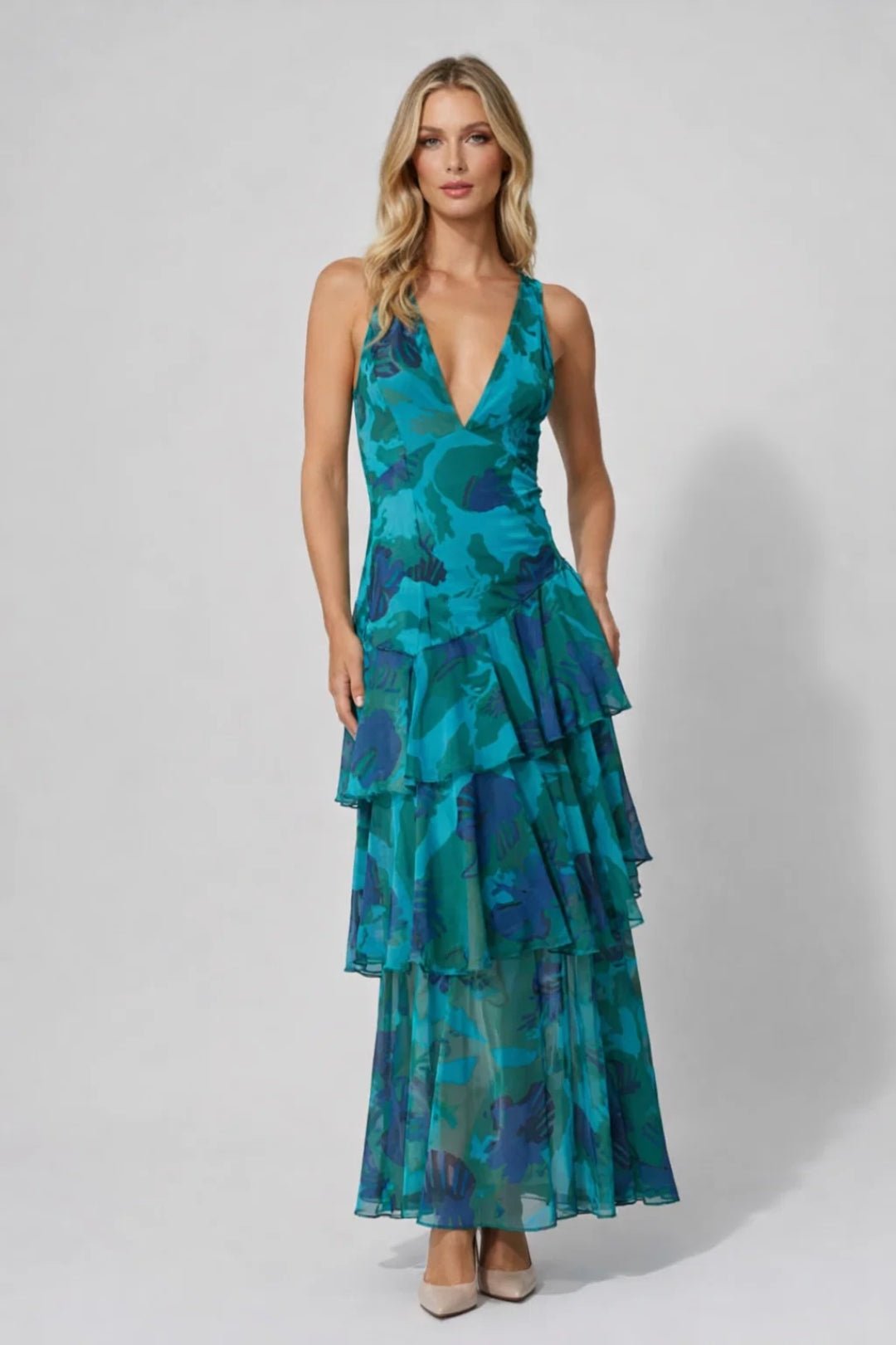 Women Maxi Dress Floral Print Tiered Ruffle Deep V - Neck - Evergreen Outfits - Women Maxi Dress