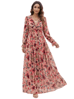 Women Maxi Dress Floral Print V - Neck Long Sleeve Design - Evergreen Outfits - Women Maxi Dress