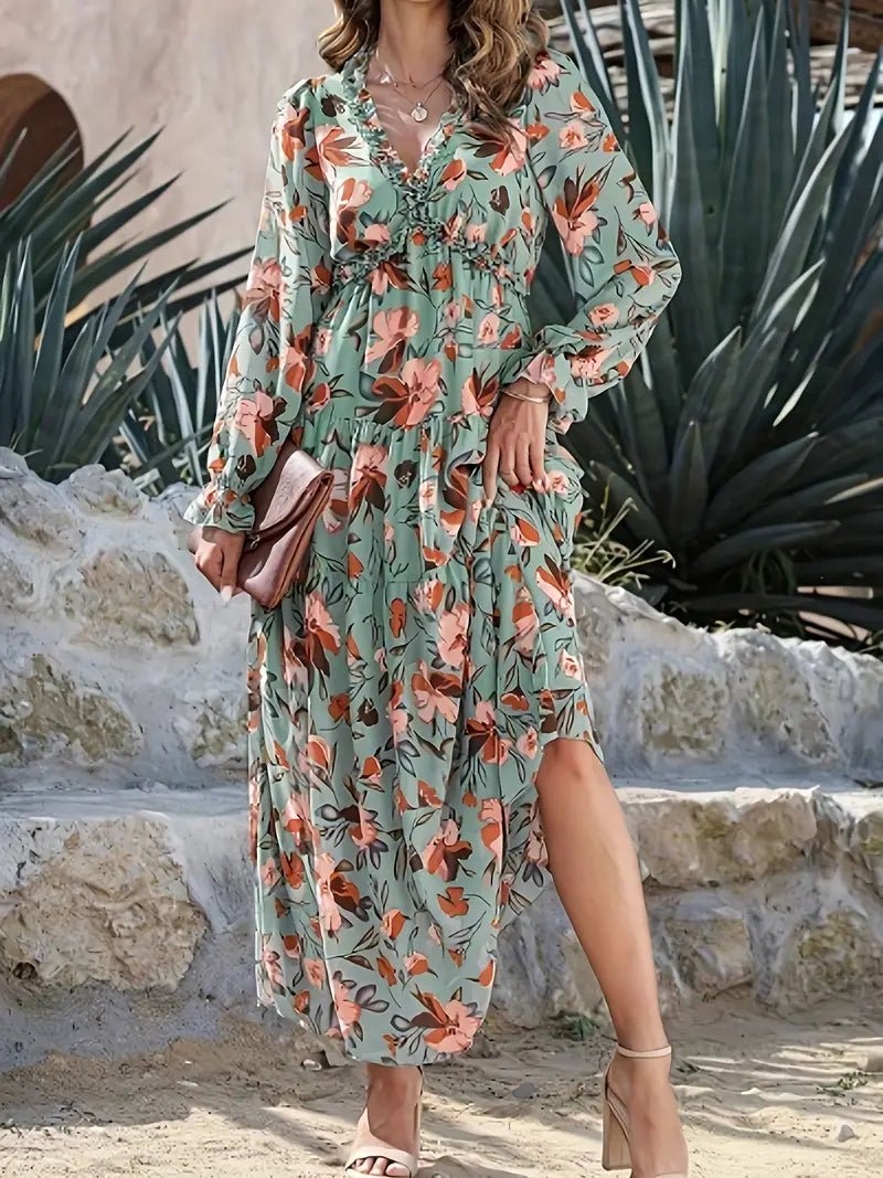 Women Maxi Dress Floral Print V - Neck Long Sleeve Design - Evergreen Outfits - Women Maxi Dress