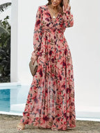 Women Maxi Dress Floral Print V - Neck Long Sleeve Design - Evergreen Outfits - Women Maxi Dress