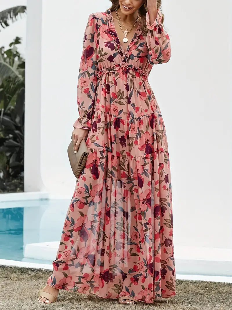 Women Maxi Dress Floral Print V - Neck Long Sleeve Design - Evergreen Outfits - Women Maxi Dress