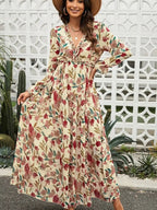 Women Maxi Dress Floral Print V - Neck Long Sleeve Design - Evergreen Outfits - Women Maxi Dress