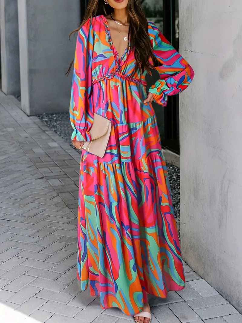 Women Maxi Dress Floral Print V - Neck Long Sleeve Design - Evergreen Outfits - Women Maxi Dress