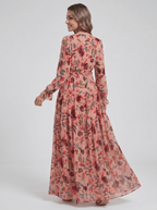 Women Maxi Dress Floral Print V - Neck Long Sleeve Design - Evergreen Outfits - Women Maxi Dress