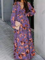 Women Maxi Dress Floral Print V - Neck Long Sleeve Design - Evergreen Outfits - Women Maxi Dress