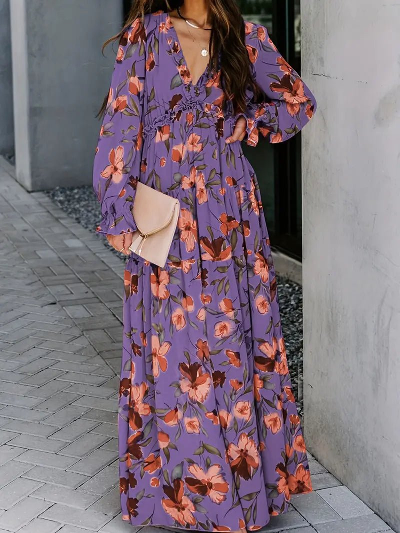 Women Maxi Dress Floral Print V - Neck Long Sleeve Design - Evergreen Outfits - Women Maxi Dress