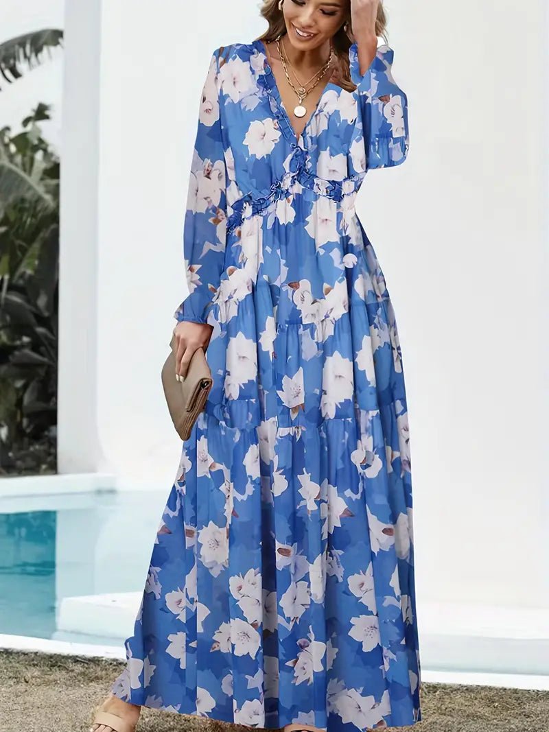 Women Maxi Dress Floral Print V - Neck Long Sleeve Design - Evergreen Outfits - Women Maxi Dress