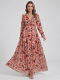 Women Maxi Dress Floral Print V - Neck Long Sleeve Design - Evergreen Outfits - Women Maxi Dress