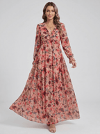 Women Maxi Dress Floral Print V - Neck Long Sleeve Design - Evergreen Outfits - Women Maxi Dress