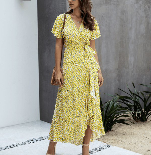 ruffle sleeve printed wrap maxi dress Light yellow / L Blush_Maternity_Gown Core Colors:Pistachio Mist Sunlit Horizon Floral Halter Ideal for weddings