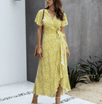 Women Maxi Dress Floral Print Wrap V - Neck Ruffle Sleeve - Evergreen Outfits - Women Maxi Dress