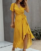 Women Maxi Dress Floral Print Wrap V - Neck Ruffle Sleeve - Evergreen Outfits - Women Maxi Dress